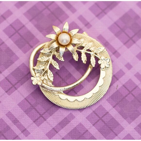 Vintage Art Nouveau Sunflower Light Gold Tone Ring Brooch - V1 - Picture 1 of 2